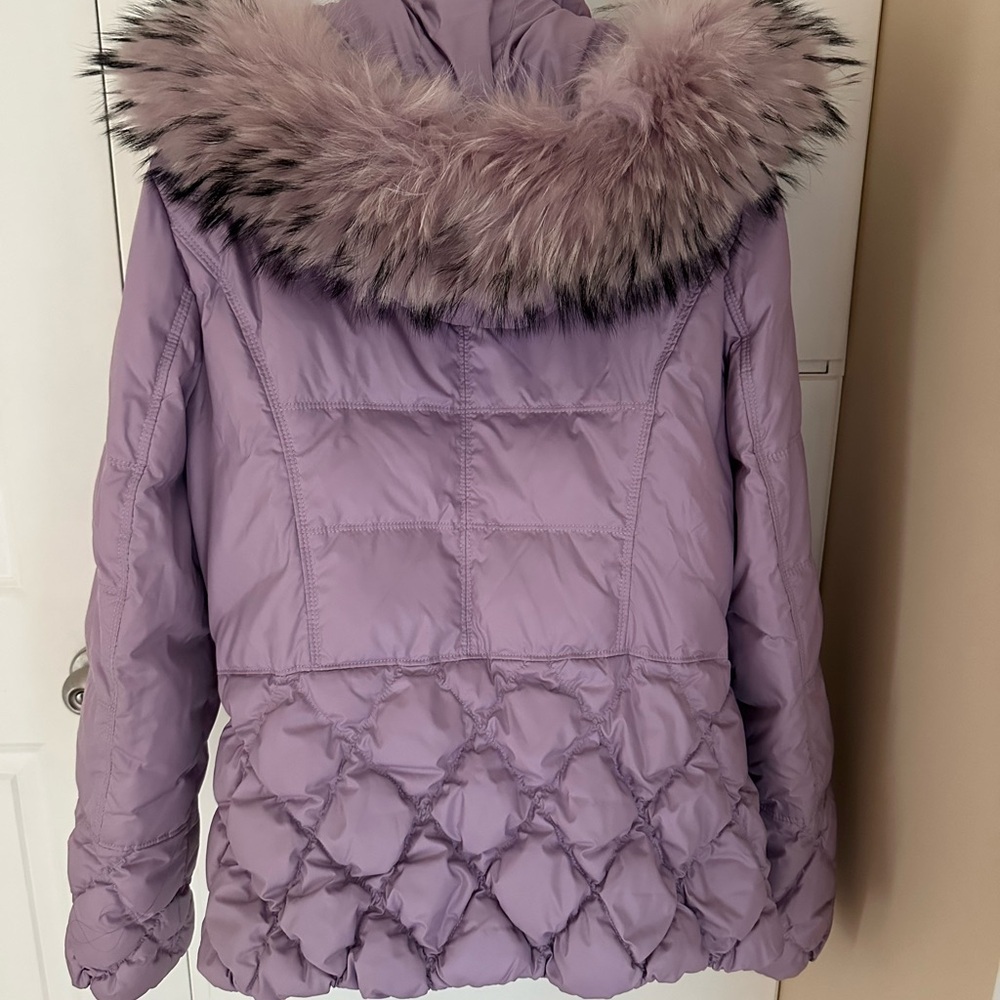 Real Fur Real Down Lavender Puffer Jacket Detachable Hood Pockets L - Picture 3 of 13